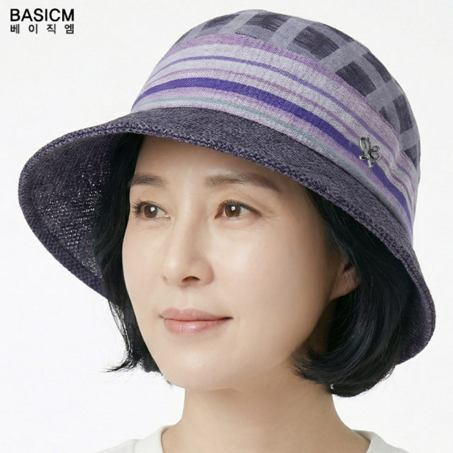 [국산] 여름 벙거지 챙 지사스타일 메모리 체크 중년여성 모자 할머니 화려한 망사 플라워