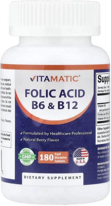 단백질 비타민 철분 마그내슘 칼슘 Vitamatic 엽산 B6 및 B12 천연 베리 빠르게 용해되는 180정 고루고루섭취해주세요, Vitamatic엽산B6및B12천연베리빠르게용해되는18, 1개 - 쿠팡