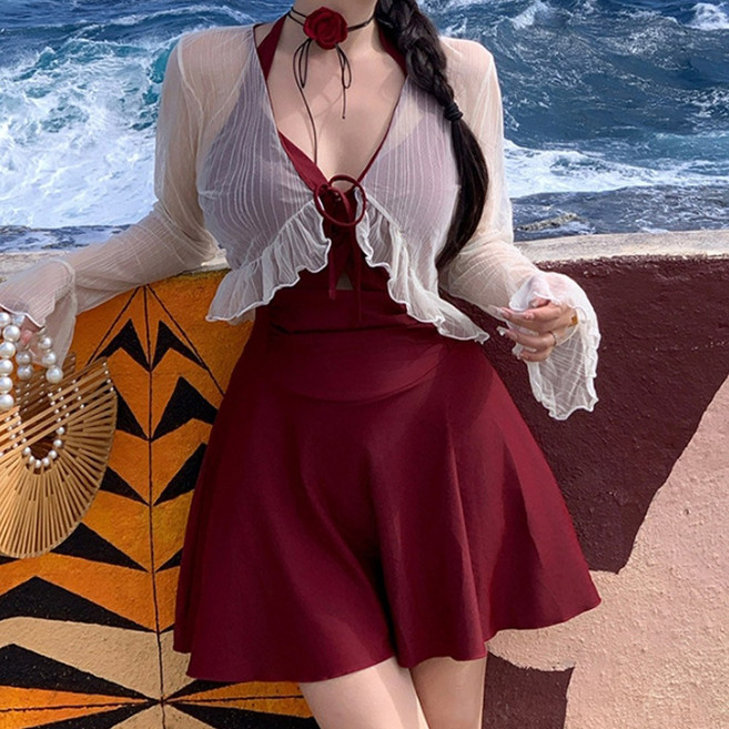 에리페 여성용 빅사이즈 홀터네크 원피스 수영복 볼레로 세트, 레드