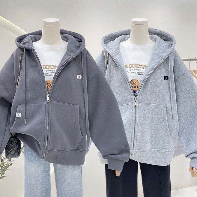 MOSAIRATION 1+1세트 여성 루즈핏 기모 안감 후드 포켓 지퍼 캐주얼 데일리 후드집업 E01111902
