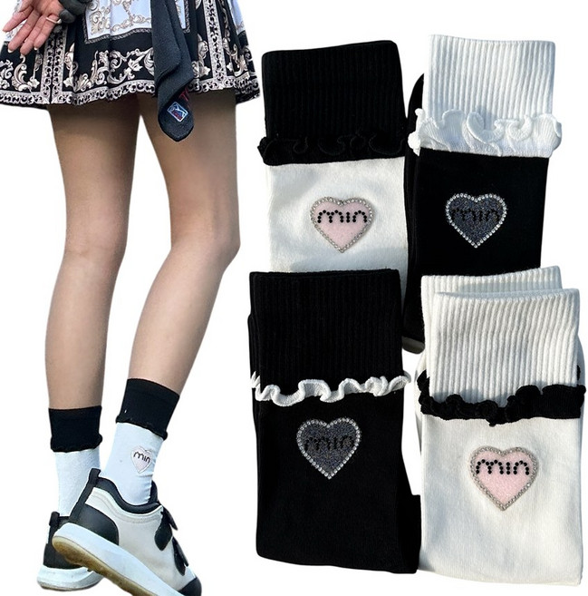 바이진주리본 프릴 하트 중목 여자 골프 양말 4족 세트, 4개