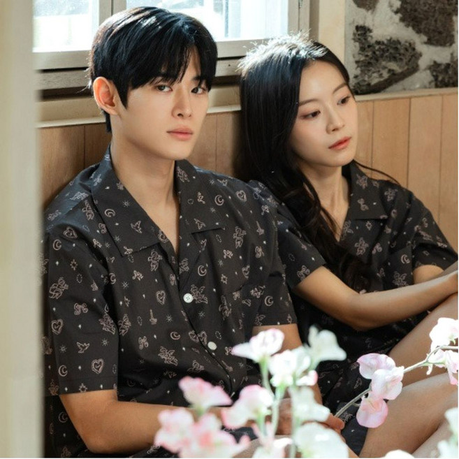 다크엔젤 순면 커플 잠옷 여성 남성 카라 파자마 주머니 선물 라운지웨어 홈웨어