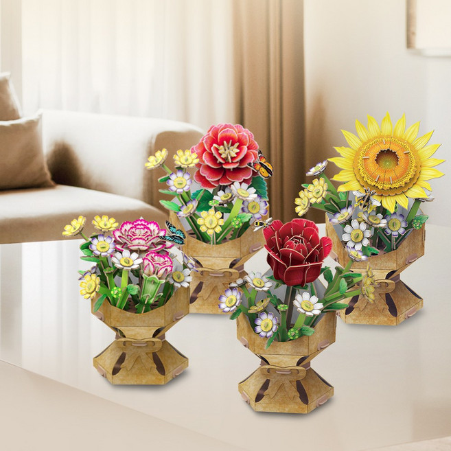 큐빅펀 플라워부케 카네이션 장미 카멜리아 해바라기 입체퍼즐 3D퍼즐 만들기 꽃모형 DIY 부모님선물 어버이날 어린이선물, 1세트, 134피스