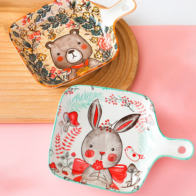 도자기 접시 손잡이 플레이팅 오븐 그릇 홈 식기 파스타볼 세트, A+B, 1개, 귀여운 동물