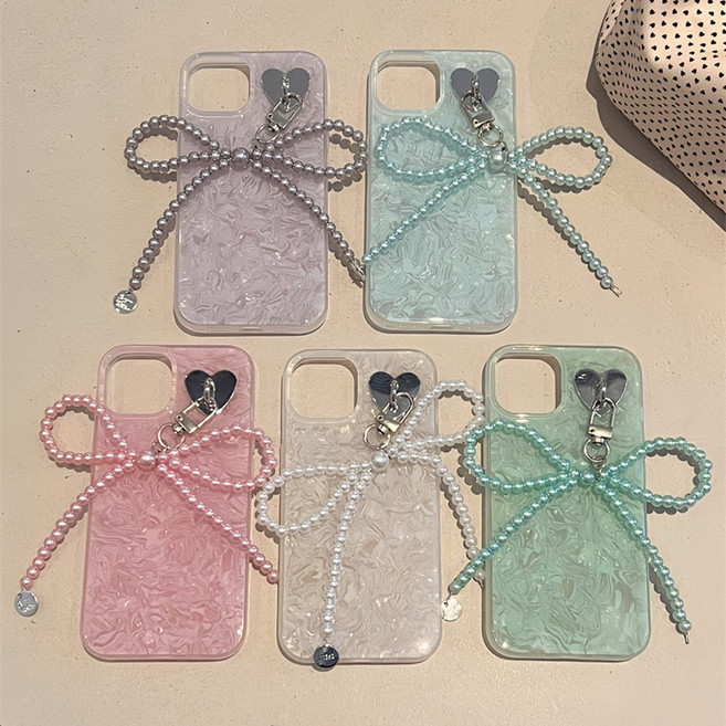 아이폰 15 14 13 12 프로 맥스 PRO MAX 케이스 자개 진주리본 키링 실리콘