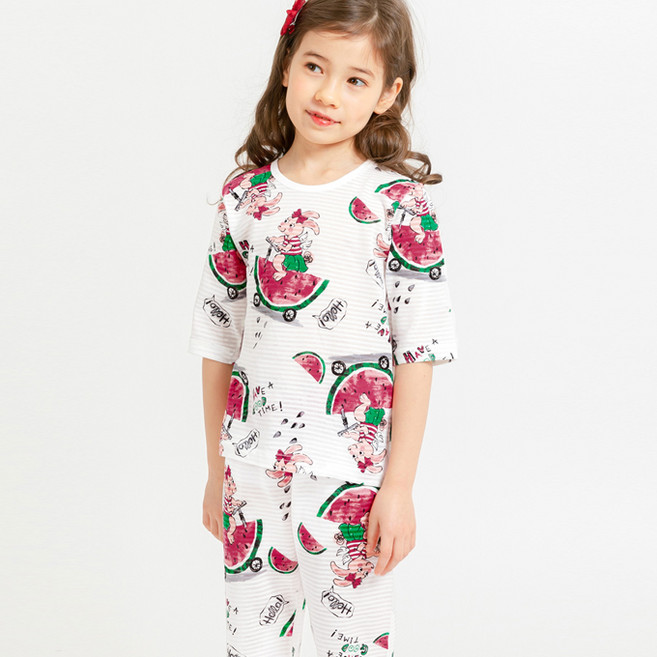 국내생산 멜리스 아동용 수박토끼 7부 자가드 내의 상하의 세트