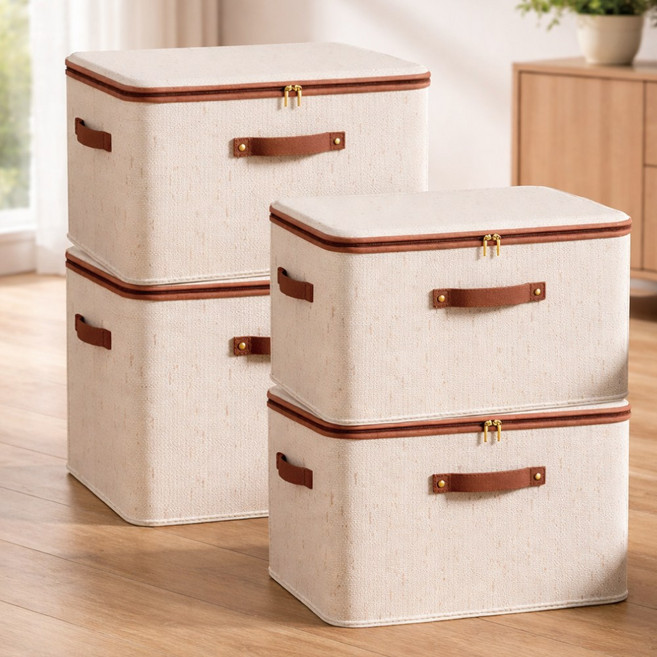 마벨인홈 고급형 각잡힌 이불 옷 정리 수납 리빙 박스, 4개, 브라운베이지