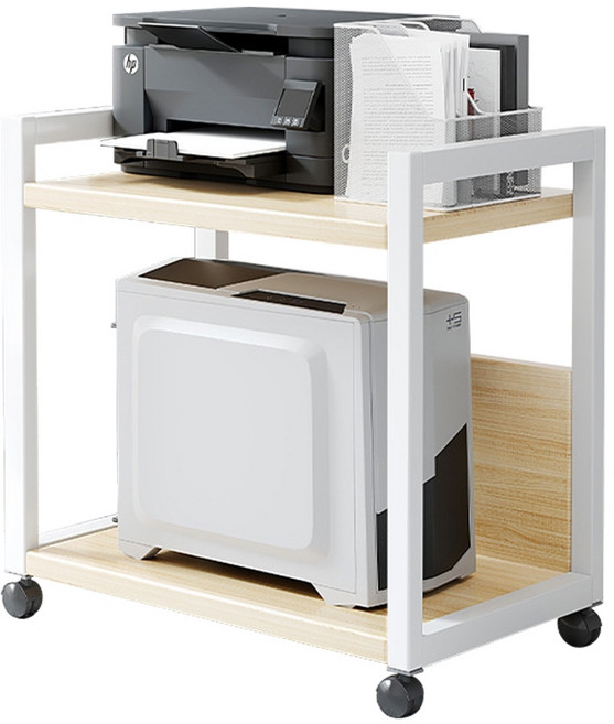 極美家居 辦公置物架 電腦主機架 事務機架 印表機架 影印機架 列表機架 電腦移動架, 1個, 拉絲橡木+白架二層, 拉絲橡木+白架