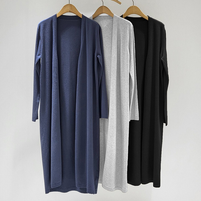 니트코어 여자 봄가을 여름 간절기 사계절 루즈핏 베이직 모던 오픈 긴팔 로브 롱 니트 가디건 카디건 출근룩 자켓