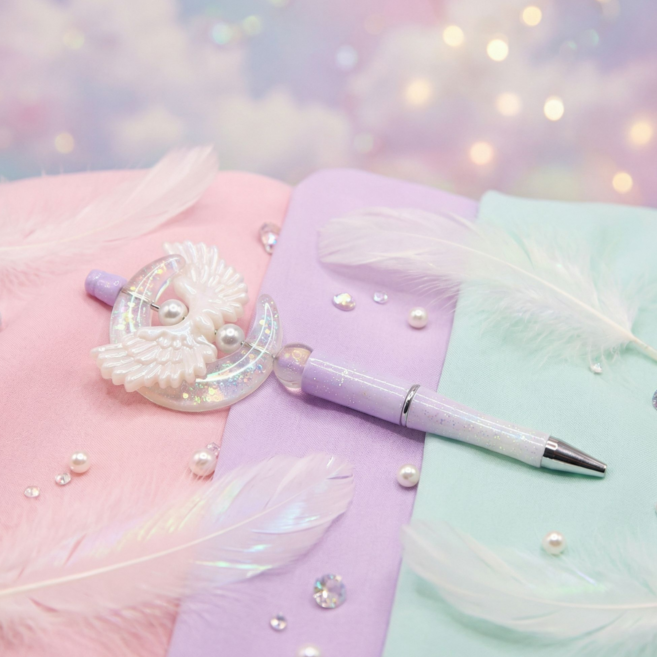 [비바블룸] 나만의 볼펜 꾸미기 비즈 DIY 세트 만들기 볼꾸 비즈볼펜 펜꾸 펜꾸미기 조카 선물, 하양 달날개 요술봉 볼펜, 1개