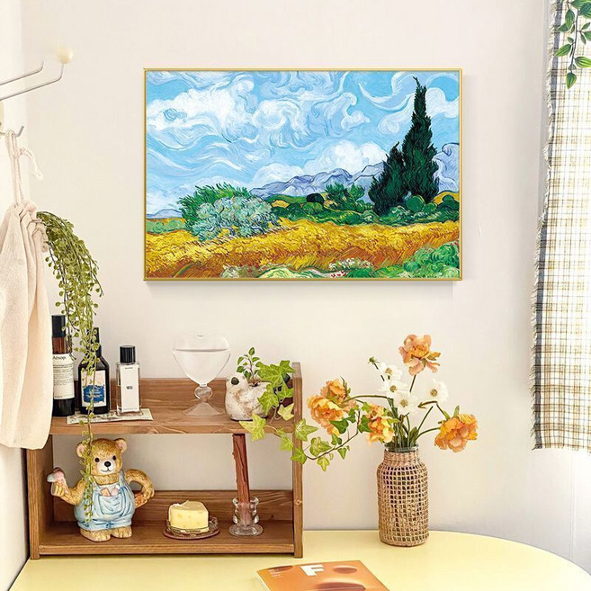 梵高藝術名畫 嚮日葵油畫 裝飾畫民宿風景掛畫 客廳床頭臥室壁畫 UKMHGT01A, E款,40*30（3cm木色外框+鋼化水晶