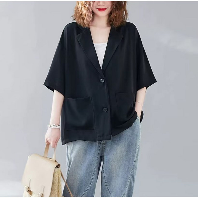 타임퓨어 여성 오버핏 반팔 얇은 정장 자켓 빅사이즈 캐주얼 더블 포켓 데일리 패션 가디건 심플 고급 오피스룩 양복