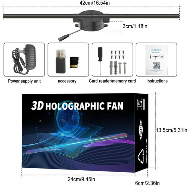 3D 홀로그램 프로젝션 사인 디스플레이 화면 LED 라이트 육안 WIFI 42CM, A. Holography 42CM, US Plug, 1개