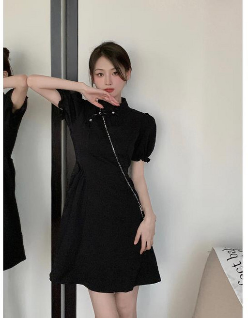 DIU 新中式改良短款旗袍裙女夏季復古新款時尚高腰立領短袖連衣裙, 2XL