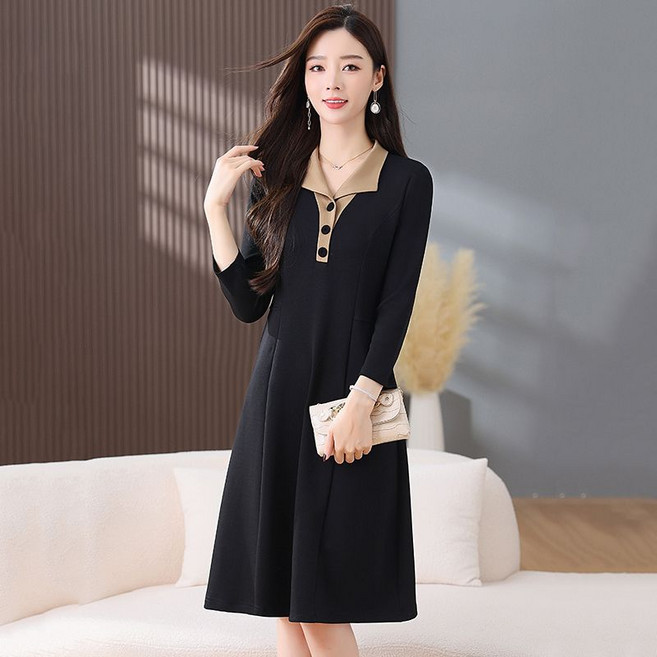 중년 여성 긴팔 원피스 봄 가을 패션 슬림핏 a라인 스커트 엄마 캐주얼 코디 이너 원피스 LJX