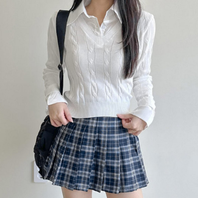 [셔츠+니트일체형] 페이크카라부들꽈배기니트 4color 깔끔단정4계절입기좋아요신축성