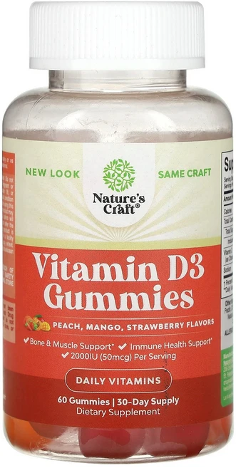 Nature's Craft Vitamin D3 Gummies Peach Mango Strawberry 60 Gummies 25 mcg 1 000 IU per Gumm, 60 Count, 1개, 60정 - 쿠팡