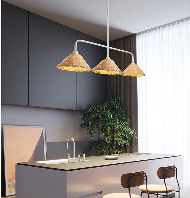 호강조명 라탄 도리아 3등 식탁조명, LED 에디슨 COB G95 4W 노란빛X3개