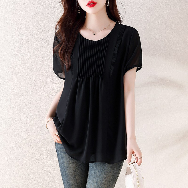 티티웍스 여성 라운드넥 앞주름 소매밴딩 A라인 쉬폰 반팔 블라우스