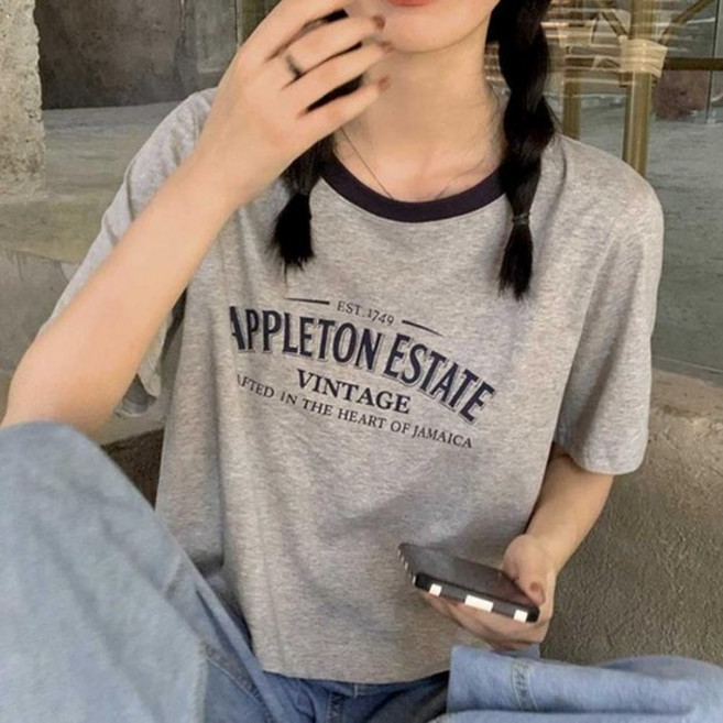 [오노마] ONM 레터링 프린팅 반팔티 배색 라운드넥 세미크롭 루즈핏