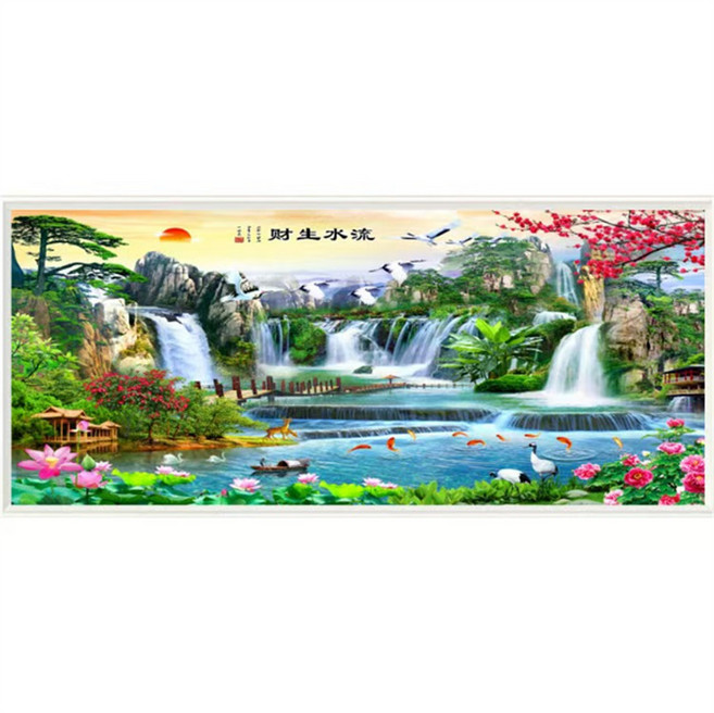 연꽃 소나무 재물 폭포 산수화 보석십자수 십장생 개업 선물, 색상 × 수량 150X70CM, 1개