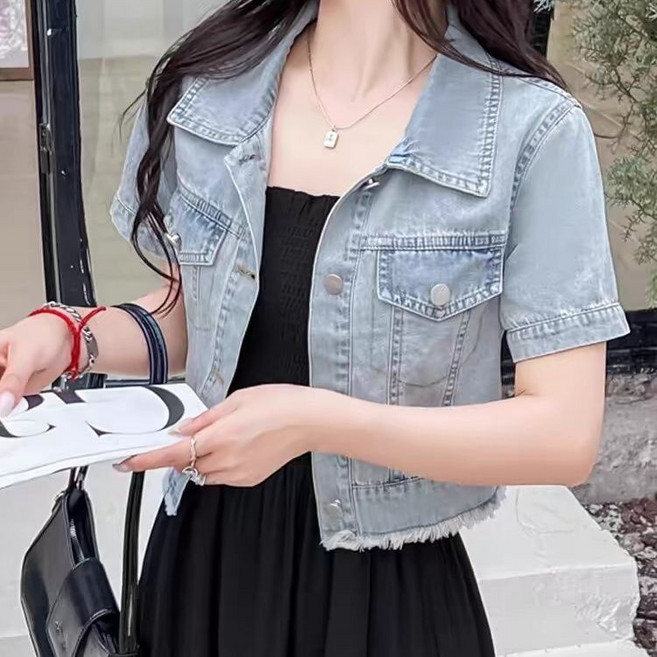여성 여름 반팔 데님 자켓 캐주얼 청자켓 루즈핏 데일리 빈티지 터틀넥 숏 데님 자켓 LPC