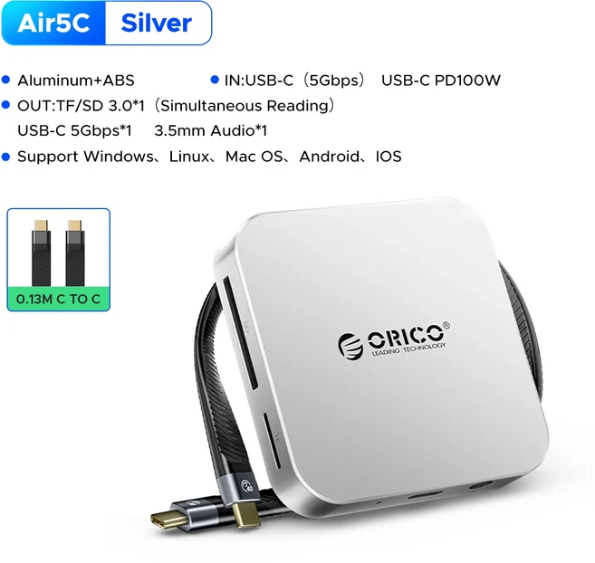 ORICO 마그네틱 USB C 허브 SD/TF 카드 리더기 맥세이프 폰 PC 도킹 스테이션 PD100W SD TF 카드 어댑터 아, 02 Air5C-SV