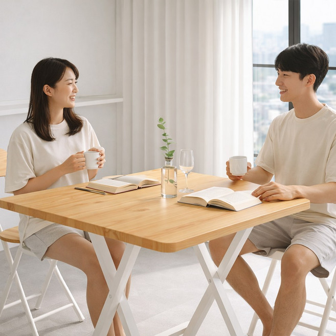 하이퍼랙 E0등급 업그레이드 무조립 안전한 접이식식탁 식탁보세트, 2인용, 원목색