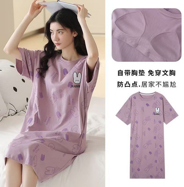 【可開票】- 大尺碼 睡衣 夏季薄款 家居服 長款過膝 防凸點 不走光 可外穿 寬鬆版型 時尚卡通印花