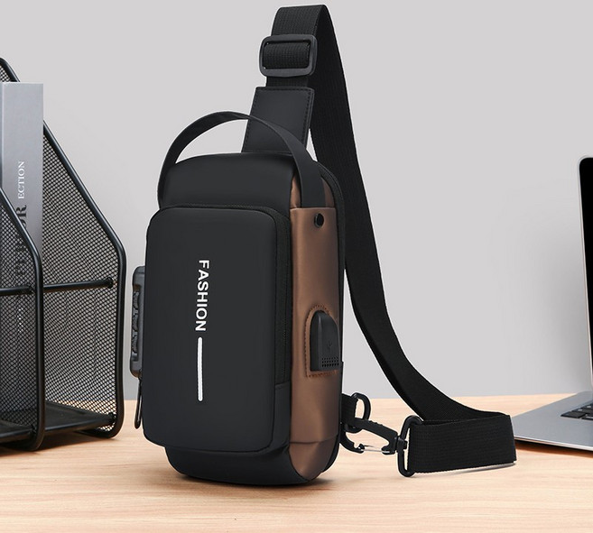 多功能密碼鎖斜挎包 大容量胸包 男士時尚單肩包, 黑配金