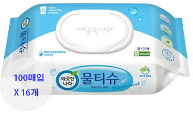 깨끗한나라 페퍼민트 물티슈 캡형, 325g, 100개입, 16개