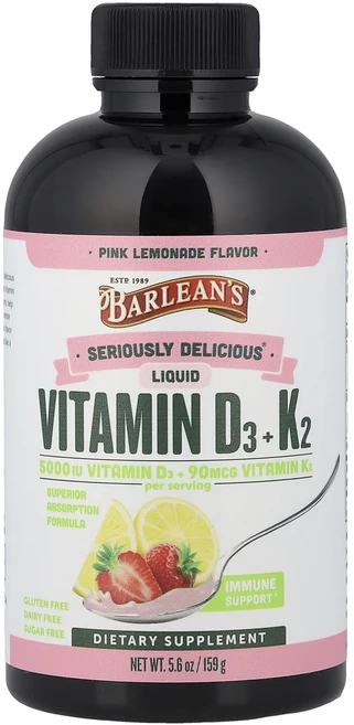 메이커제품입니다 Barlean's Seriously Delicious® 액상 비타민D3 + K2 핑크 레모네이드 159g(5.6oz) 좋은효과를 보실수있습니다, 1개, 159g - 쿠팡