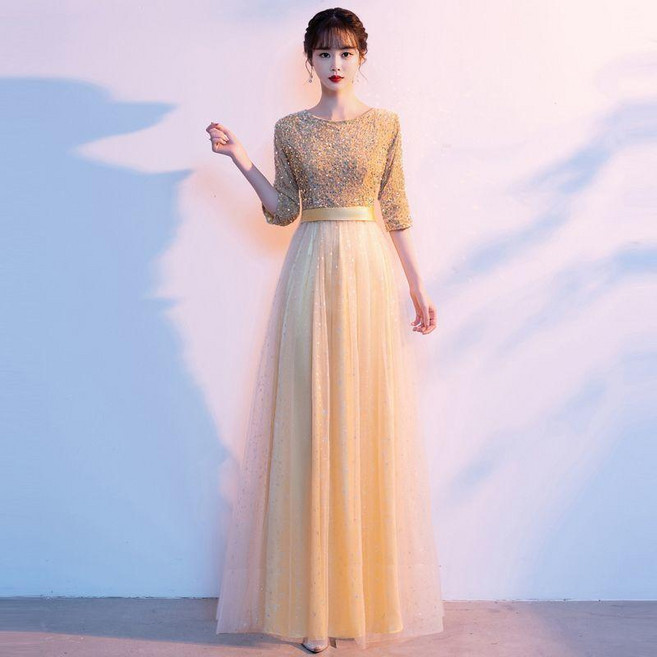 good 金絲絨亮片大合唱團演出服女長裙成人學生比賽朗誦表演晚禮服, 金色,M, 金色