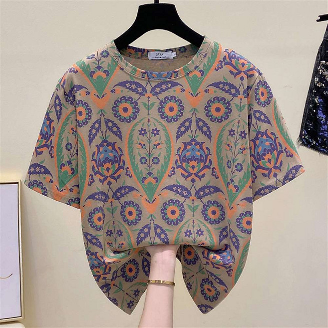 여성 여름 보헤미안 플로럴 패턴 반팔 티셔츠 편안한 면 혼방 소재 Z10