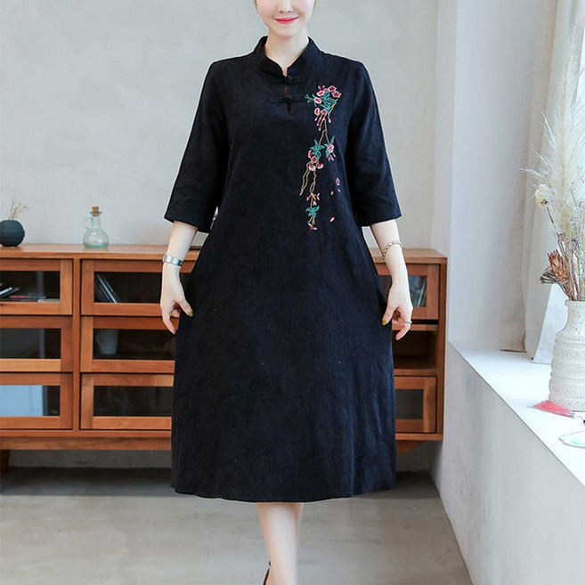 POMTOR 여성 면마 자수 개량한복 생활한복 7부 소매 슬림핏 린넨 롱원피스 계량한복 휴양지원피스