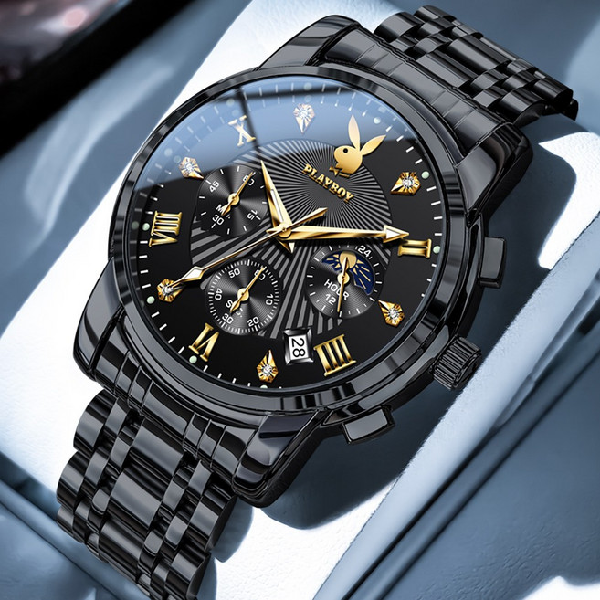 PLAYBOY 플레이보이 남성 크로노그래프 시계 명품디자인 방수패션시계 데이트기능 쿼츠워치