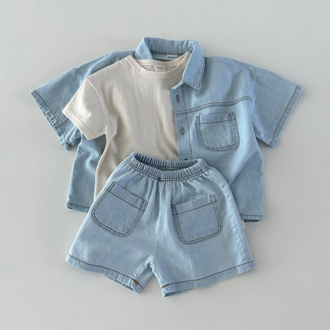 아동 데님 셔츠+반바지 투피스 상하의 세트
