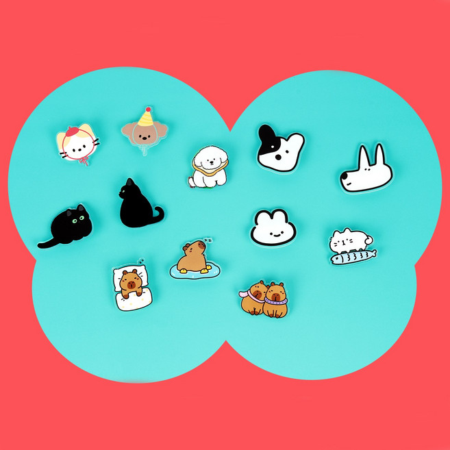 카피바라 고양이 댕댕이 아크릴 뱃지 가방 브로치 12종 세트