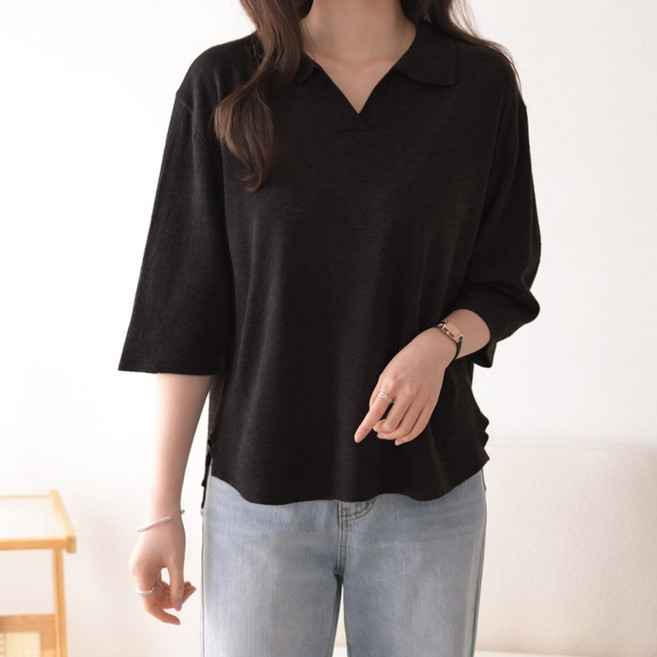 데일리앤 뮤르 루즈핏 8컬러 여성 7부 얇은 브이넥 카라 롱 니트 티셔츠 봄 가을