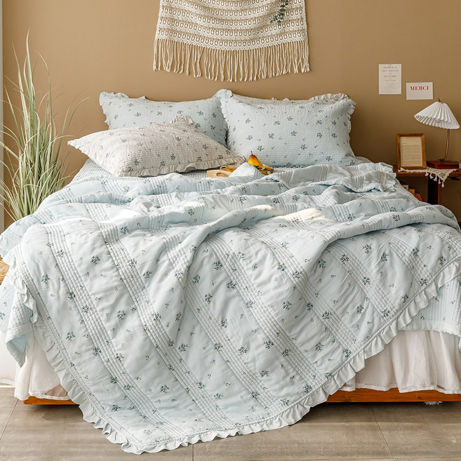 나나베딩 간절기 라이오셀 워싱 피그먼트 줄누빔 싱글 퀸 킹 스프레드 앨리스, 블루