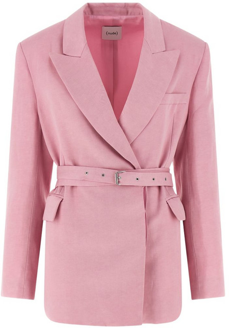 누드 벨트 더블 브레스티드 피크드 라펠 리넨 블레이저