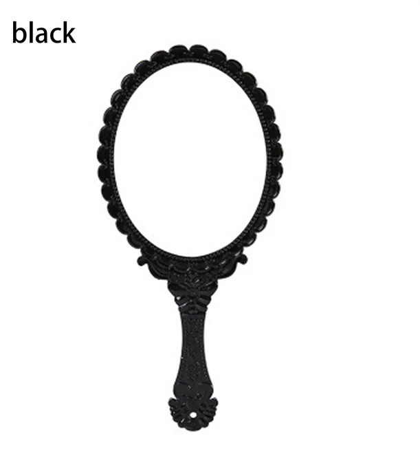 실버 빈티지 거울 여성용 꽃무늬 타원형 라운드 메이크업 핸드 홀드 거울 공주 레이디 메이크업 뷰티 드레, 09 Black