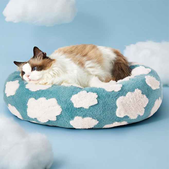 <블루 클라우드 3D 원형 마약방석> 프리미엄 극세사 폭신 도넛 쿠션 강아지+고양이 겸용 실내용, 1개, 파랑 구름솜
