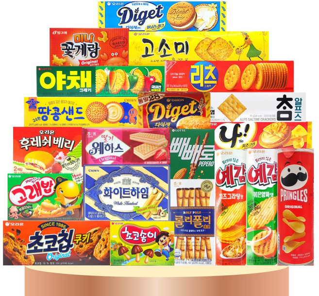 [판다네 마켓] 소형 20종-E 과자세트 (국희땅콩샌드 고소미 참크래커 리츠 프링글스 예감 롤리폴리 꽃게랑 후레쉬베리 고래밥 초코송이 화이트하임 다이제 빼빼로 웨하스 초코칩쿠키), 1개