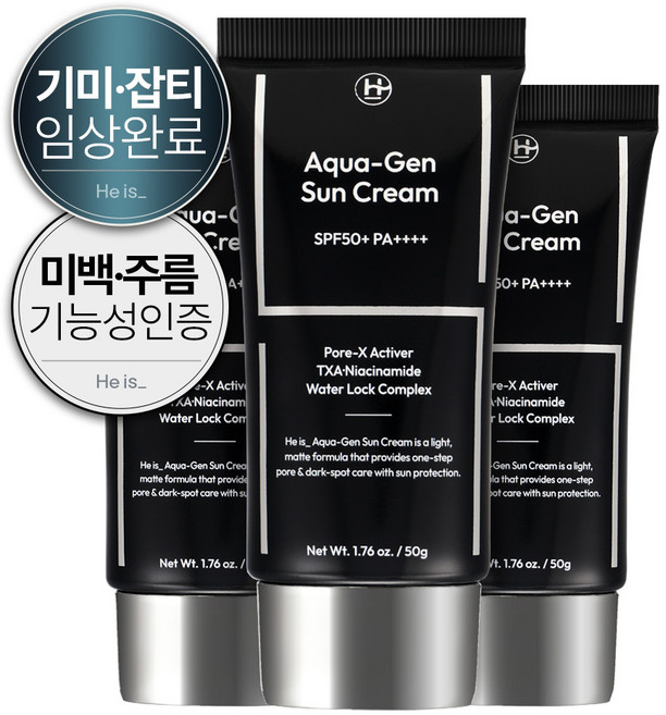 히이즈 아쿠아젠 선크림 남성 데일리 기능성 자외선 차단제 SPF50+ PA++++, 3개, 50g