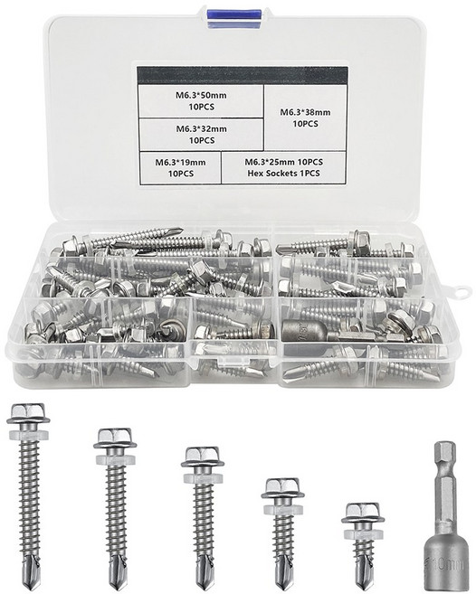 금속 셀프 태핑 육각 머리 나사 완전 나사산 주석 지붕 드릴링 볼트 외부 육각 도브테일 셀프 드릴링 나사 셀프 드릴링 육각 머리 나사 조합 키트 셀프 태핑 나사, 원형 헤드 M6.3 나사 51개, 1개