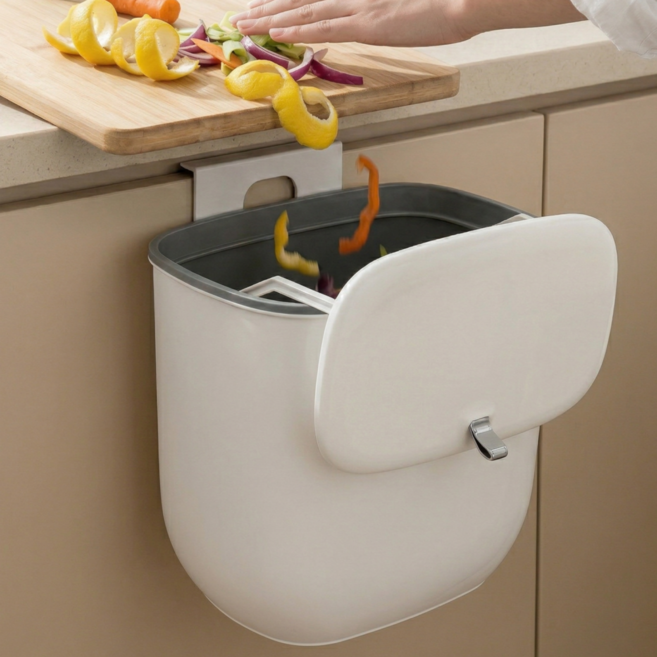 리즈앤모어 걸이형 음식물 쓰레기통 다용도 벽걸이 휴지통, 화이트