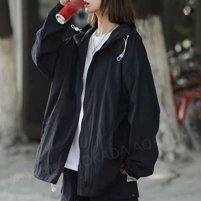 AOKADA 여성 여름 루즈핏 후드 집업 쿨링 아이스 자외선차단 바람막이 야외 등산 윈드브레이커, 블랙