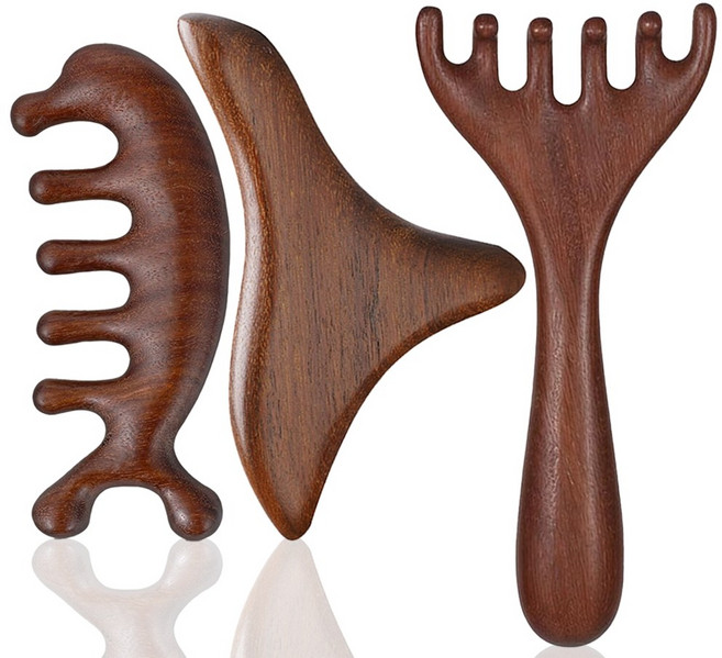 VARIOUS 나무 괄사 바디 얼굴 두피 마사지기 3종세트, 원목, 1세트