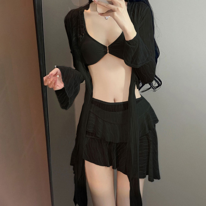 탑트레일 여성 비치웨어 섹시 커버업+랩포함 4피스 비키니 체형커버, 블랙